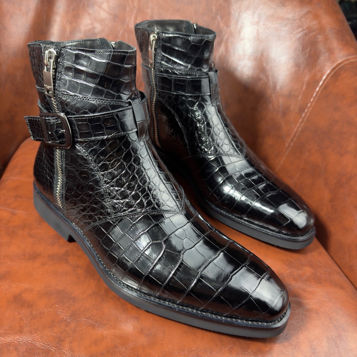 black genuine alligator leather jodhpur boots for men with dual zippers and wraparound buckle - detail 1.1