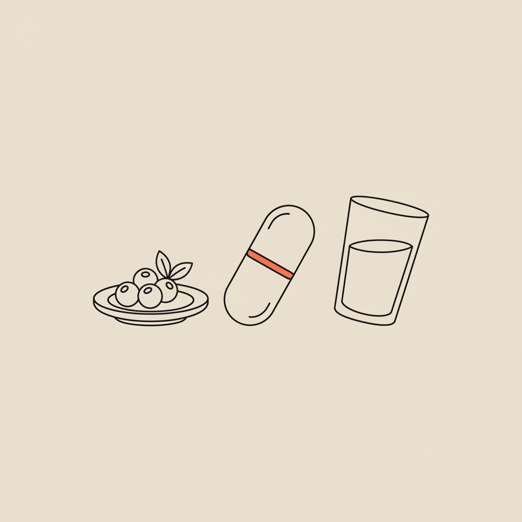 Minimalist Tonum-style vector line illustration of a capsule, plate with berries, and water glass on beige background — diet pills FDA approved over-the-counter
