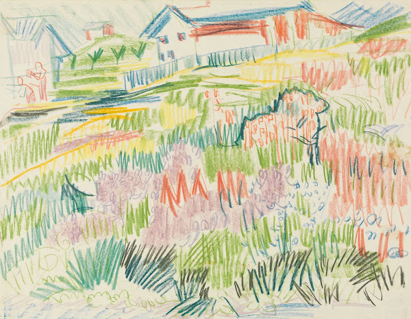 Blumenwiese mit Häusern
