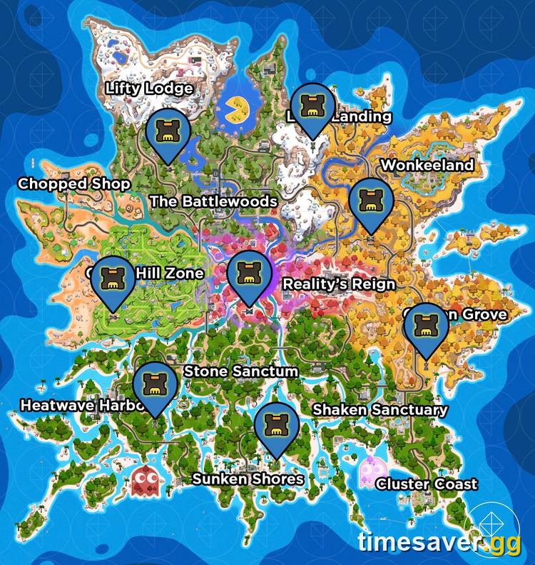 Fortnite map showing an Override Console marker that broadcasts a squad's location to the lobby