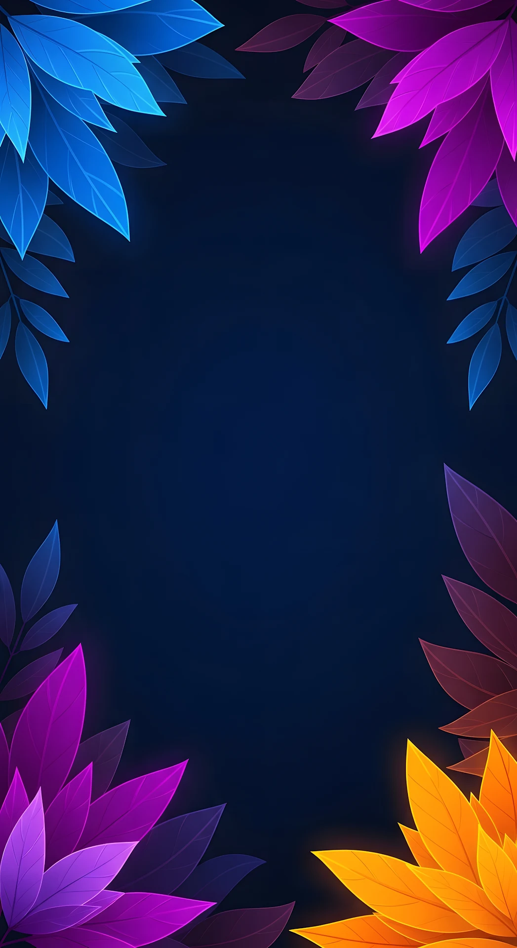 Dark Navy Abstract Background with Vibrant Neon Blue and Red Plant and Leaf Border - Free 4K mobile Wallpaper