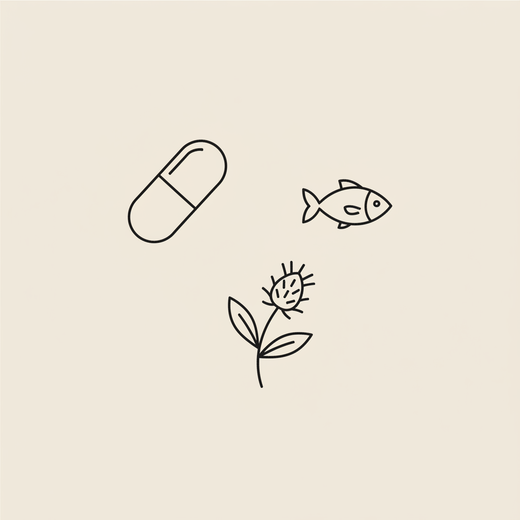 Minimalist Tonum-style line illustration of a capsule, small fish, and milk thistle sprig on a beige background representing memory supplements