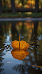 Golden Autumn Leaf Floating on Calm Water