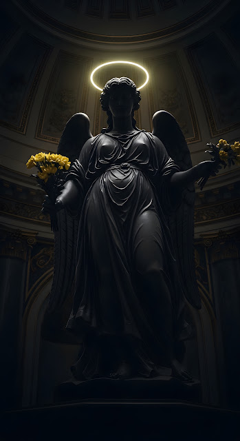 Dark Angel Statue with a Glowing Halo and Yellow Flowers in a Cathedral - Free mobile Wallpaper