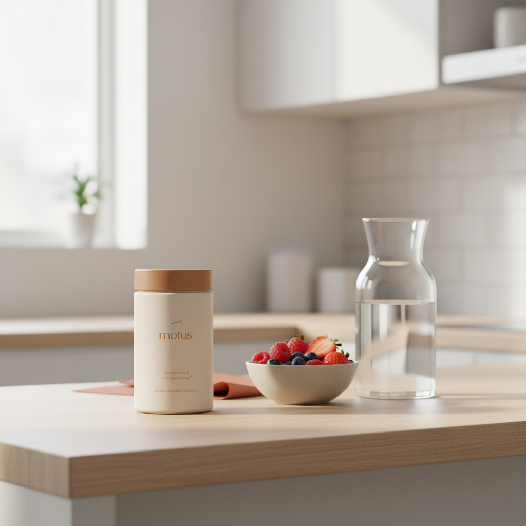 Minimalist kitchen scene with Tonum Motus container on a wooden counter beside berries and a glass carafe, suggesting daily routine and weight loss. Do B12 shots help with losing weight?