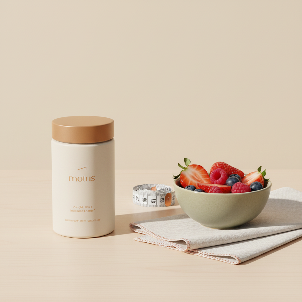 Minimalist still-life of Motus supplement bottle on a pale wooden table with a folded linen napkin, bowl of mixed berries and a coiled measuring tape, illustrating what melts belly fat fast