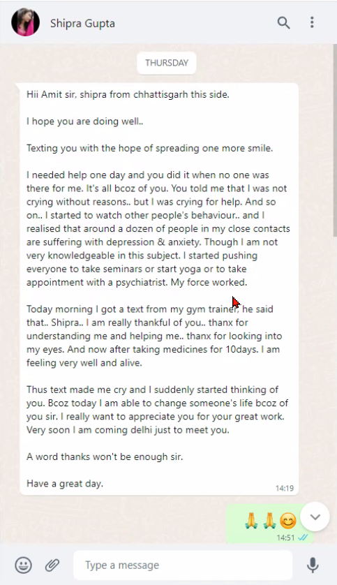 Shipra WhatsApp testimonial