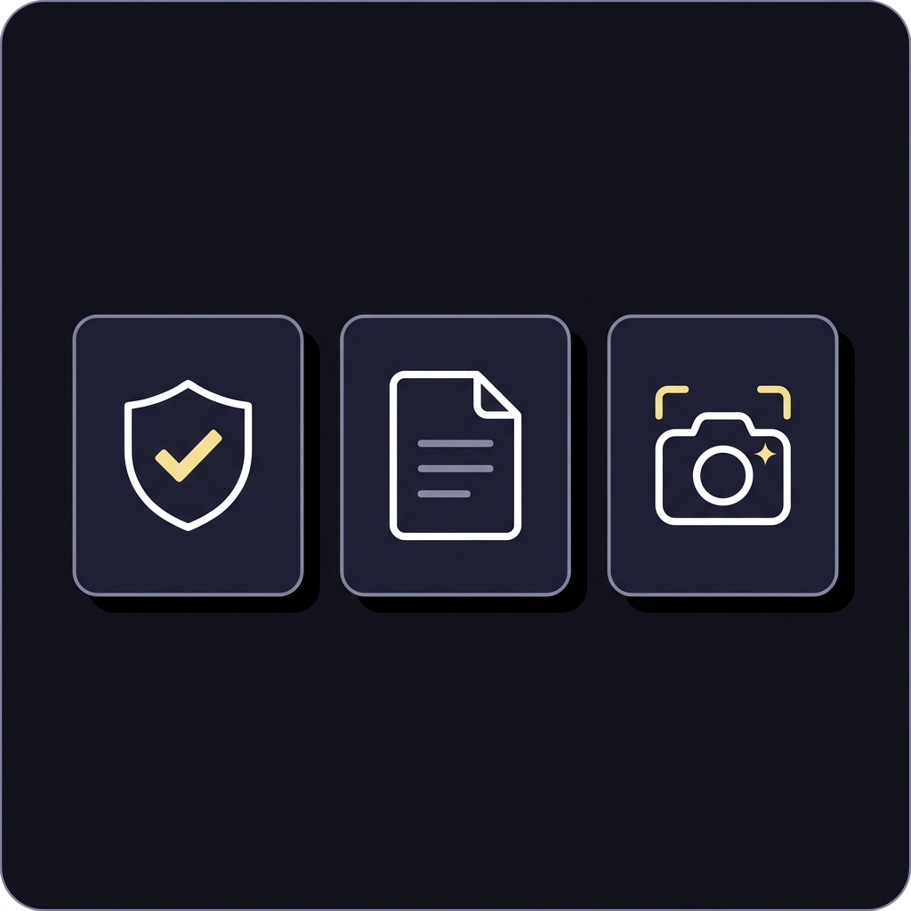 Minimalist 2D vector checklist showing license verification shield document rules and screenshot camera icons in Funded Plays colors illustrating asian sportsbook verification steps