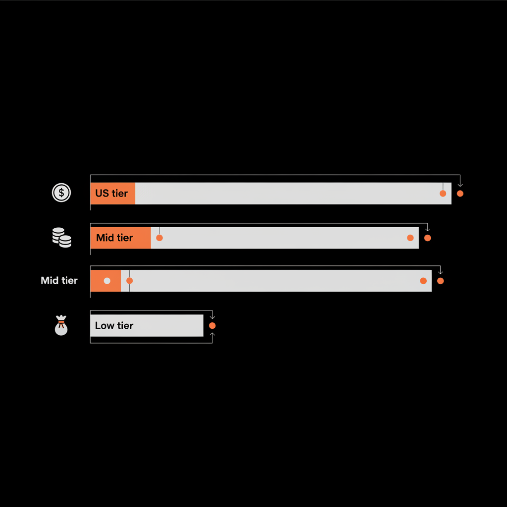 Minimal 2D vector infographic of stacked horizontal bars for price tiers (US, Mid, Low) showing churn scenario segments highlighted in accent color; Instagram verification revenue illustration.