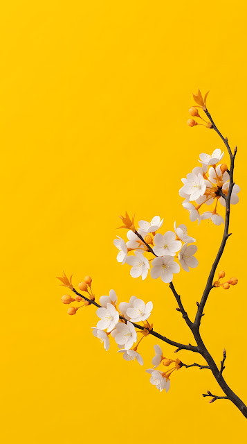 Minimalist White Cherry Blossoms on Saturated Yellow Background - Free mobile Wallpaper