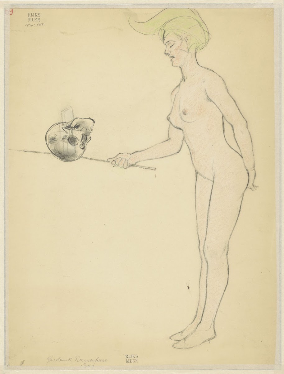 Standing naked woman with a stick and a skull