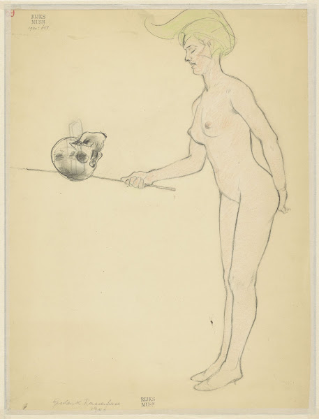 Standing naked woman with a stick and a skull