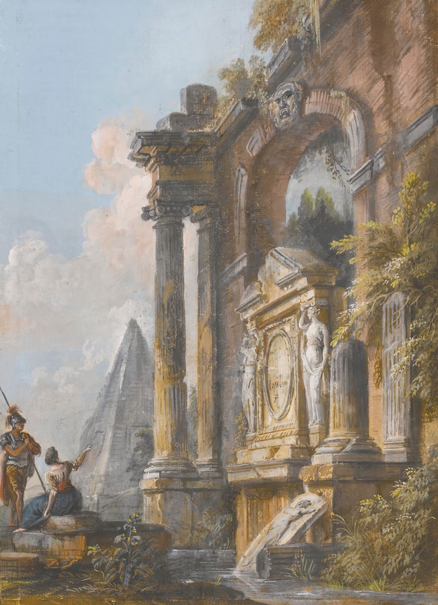 A View Of The Pyramid Of Caius Cestius And Ancient Ruins With A Soldier And Youn