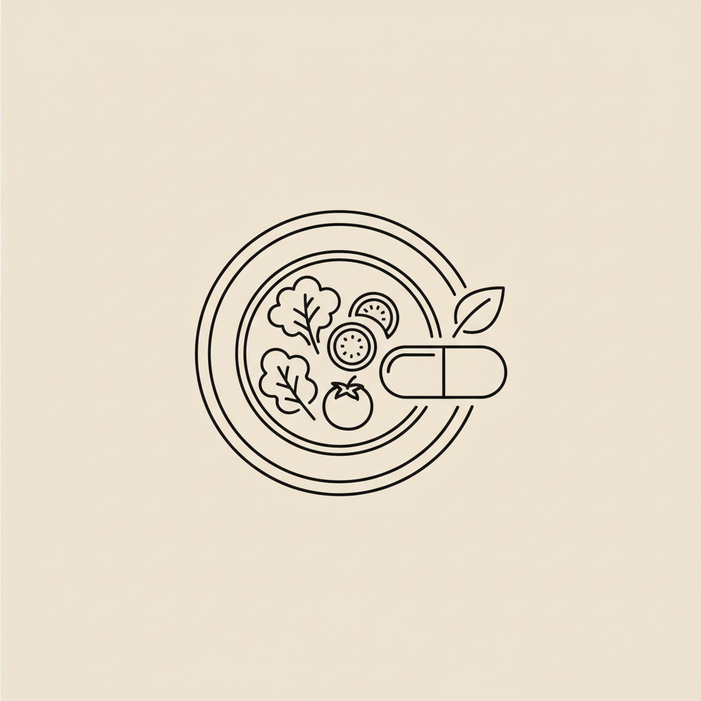 Minimalist line illustration of a plate half-filled with vegetables, a capsule and a small leaf on beige background, representing the pillars of holistic health.