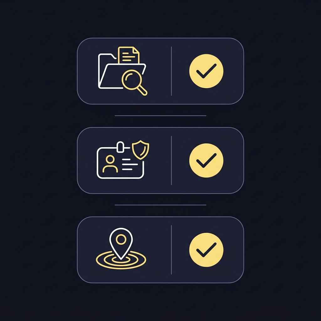 Minimalist 2D vector checklist with three icons representing regulator catalog magnifier operator license shield and geolocation pin each with check marks for steps to legally bet on sports online