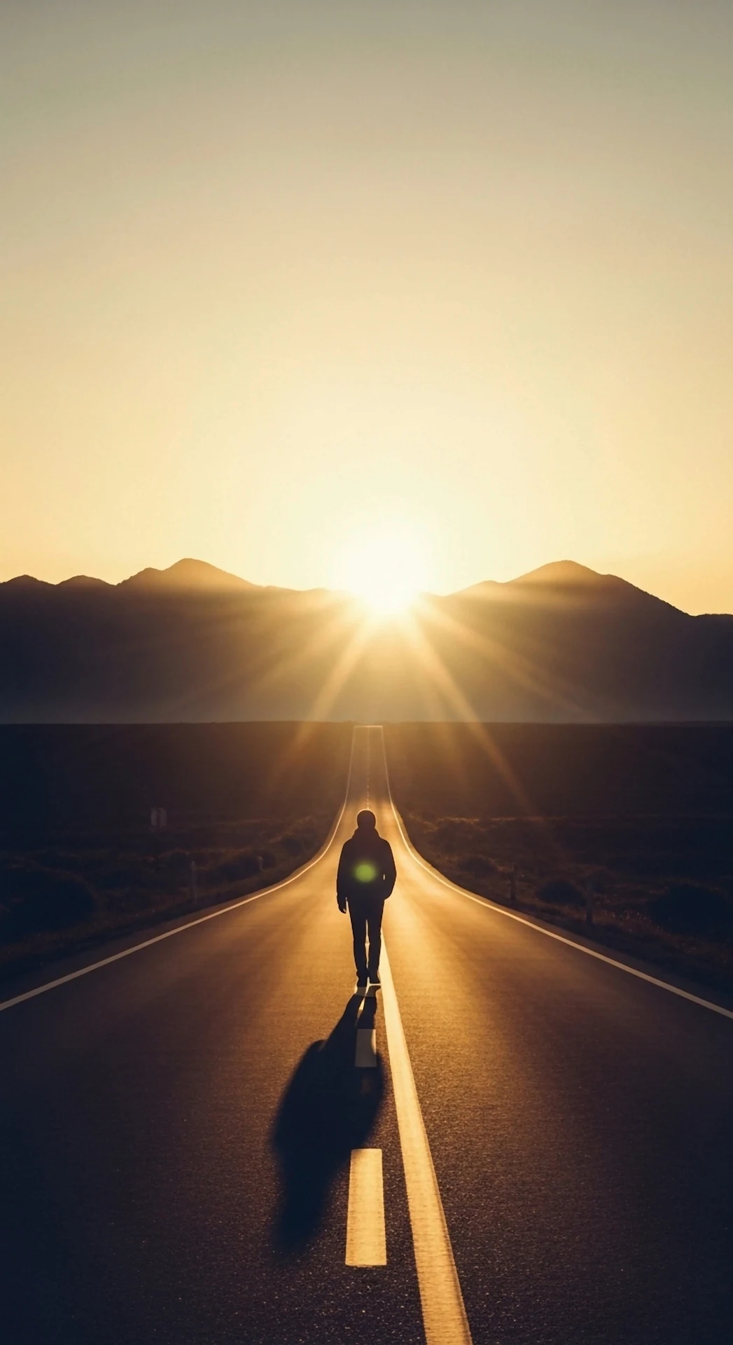 Solitary Figure Walking Towards Sunset on Endless Desert Road - Free 4K mobile Wallpaper
