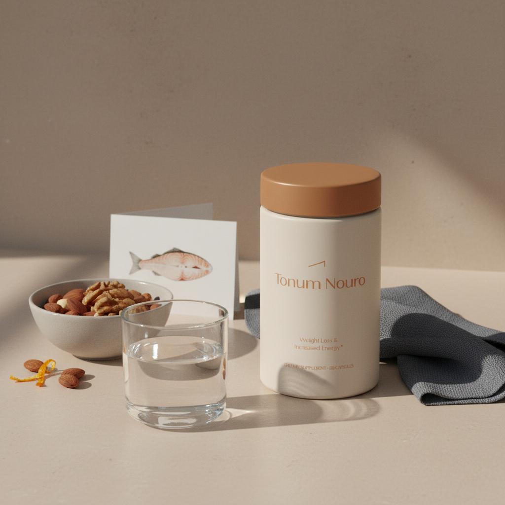 Tonum Nouro jar on a minimalist kitchen counter beside a small bowl of mixed nuts, fish-illustration card and a glass of water, styled as best natural brain booster