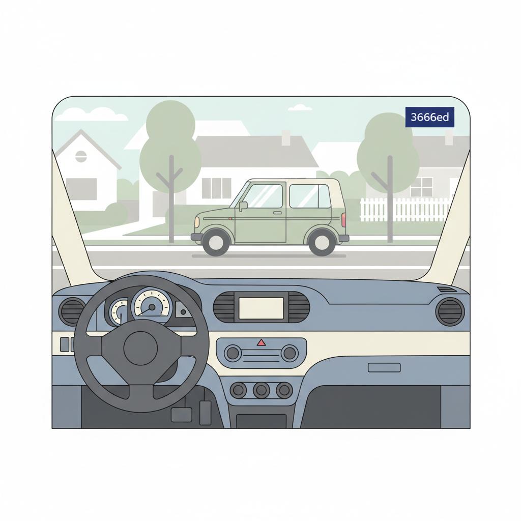 Vector dashboard view of a compact used car parked on a suburban street with a small blue verification sticker on the windshield what is the 8% rule when buying a car