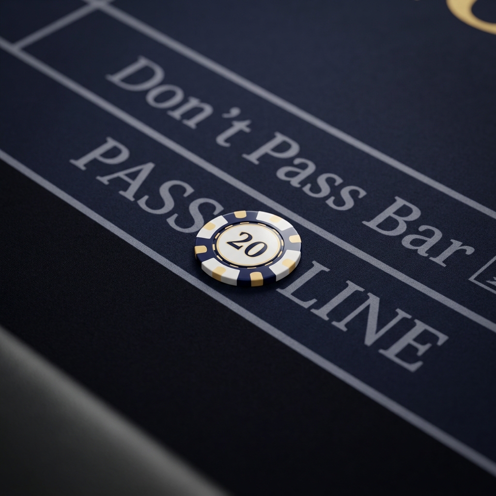 Close up of craps table pass line with a single 20 dollar chip centered on the pass line minimalist Funded Plays style dark navy background subtle gold accent one bet vegas