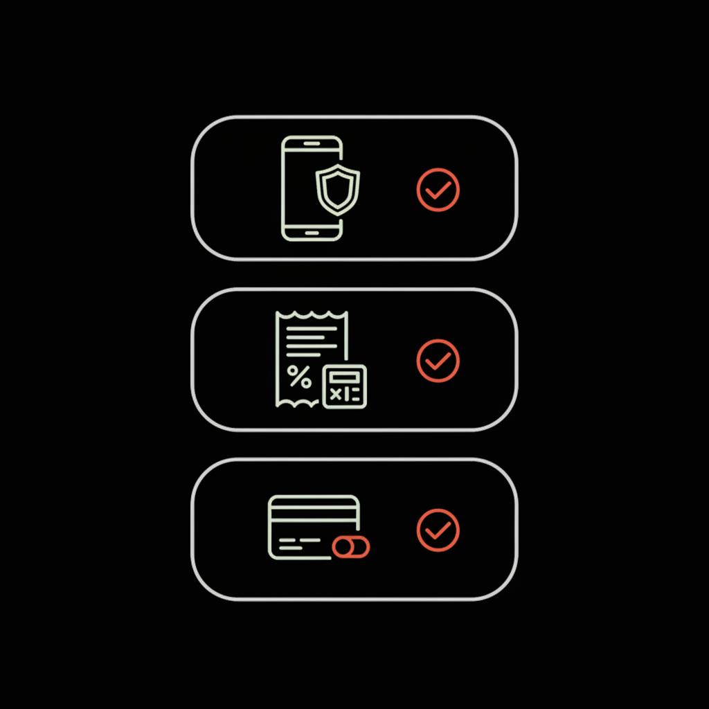 Minimal vector checklist infographic for buying: verify phone, check taxes, choose billing, using Social Success Hub colors on black background — twitter blue