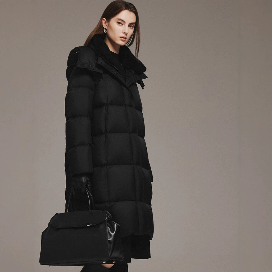 Women's down coat, mid-length, with lambskin collar