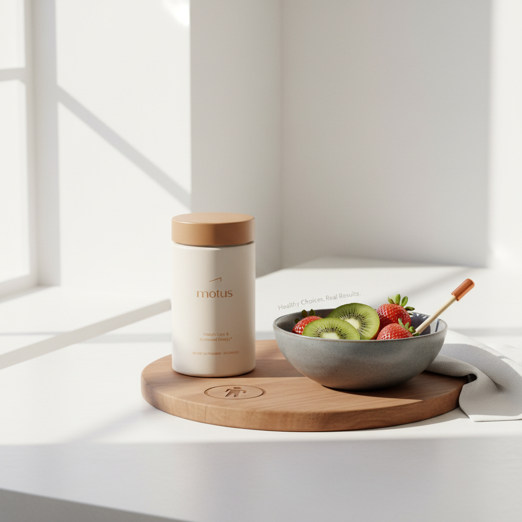Motus supplement jar on a wooden cutting board beside strawberries and sliced kiwi in a minimalist kitchen scene, representing fruits for weight loss.