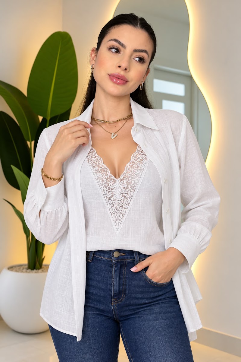 Conjunto de lino con blusa de encaje · foto 3