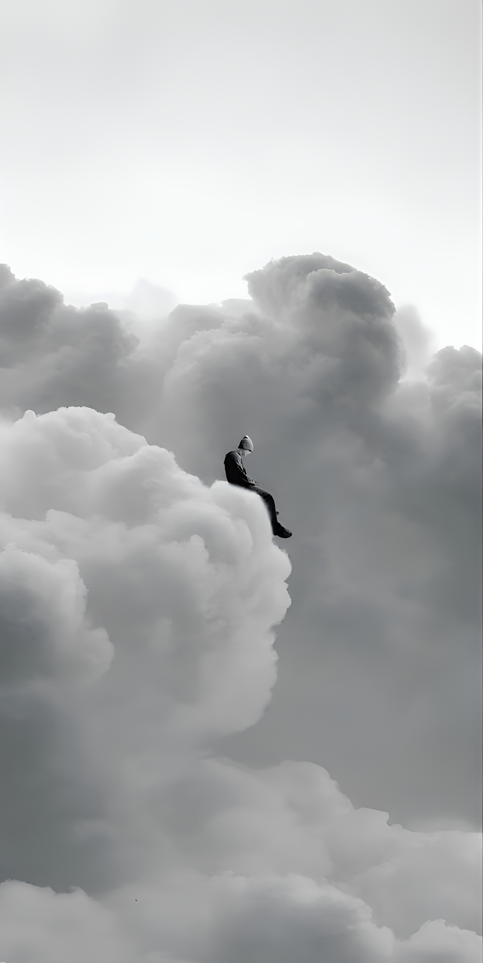 Solitary Figure Sitting on Cloud Edge Monochrome Art - Free 4K mobile Wallpaper