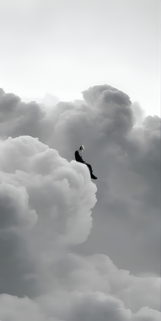 Solitary Figure Sitting on Cloud Edge Monochrome Art - Free mobile Wallpaper