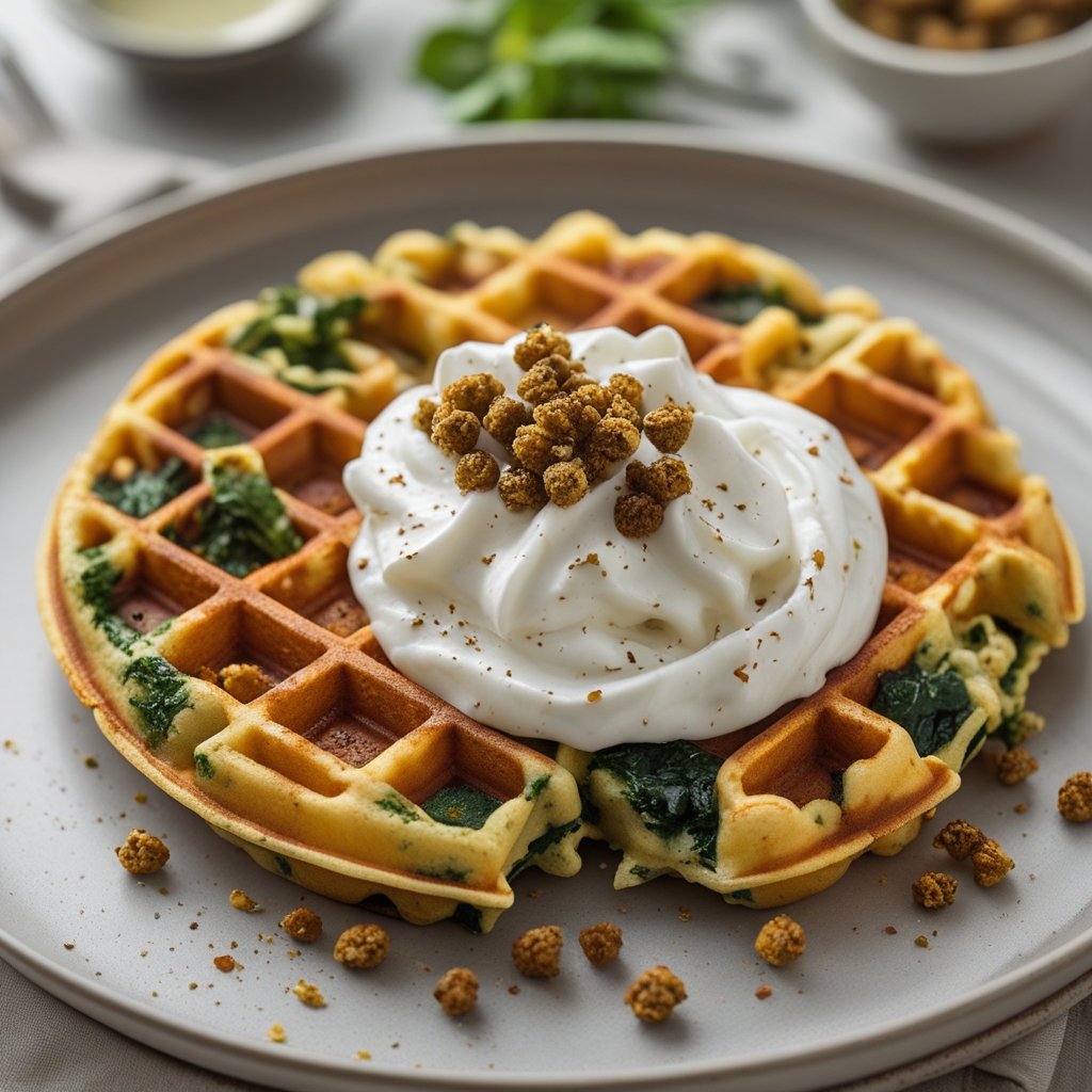 Final Golden Spinach & Feta Waffles with Crispy Sumac Chickpeas & Whipped Garlic-Herb Yogurt