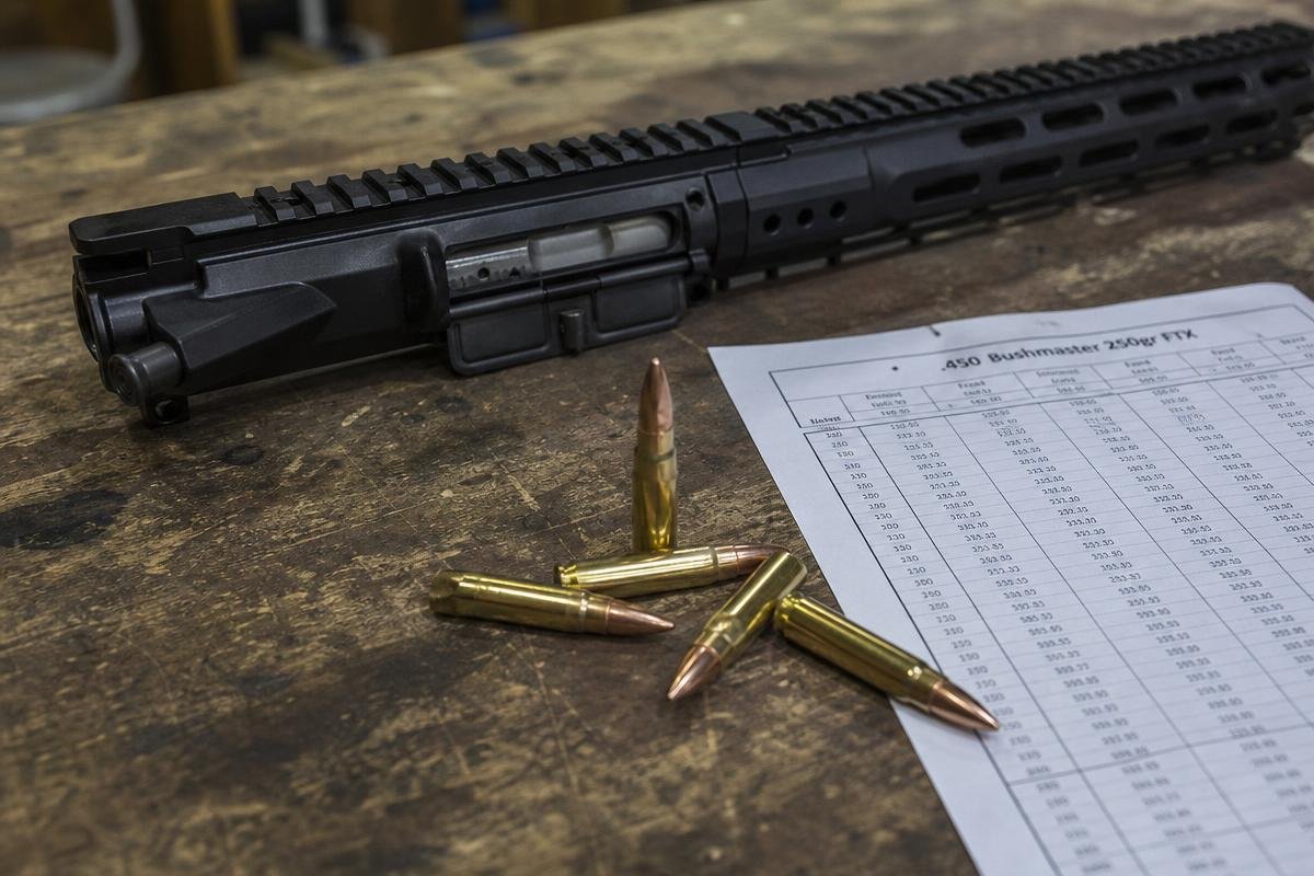 450 Bushmaster ballistics guide with complete AR-15 upper receiver and ammunition