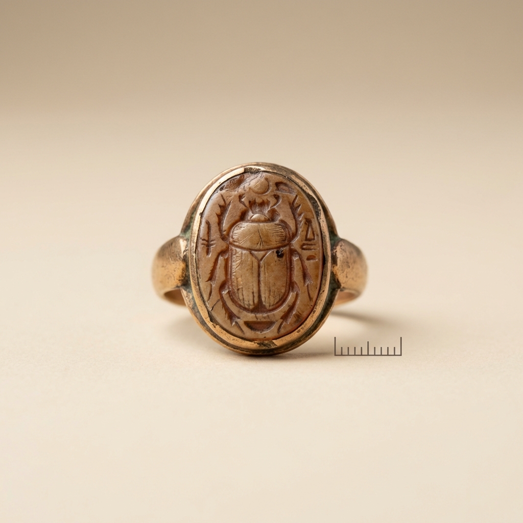 Macro detail of an antique scarab ring intaglio showing carved lines wear and a small millimeter scale indicator beside it on a warm beige background