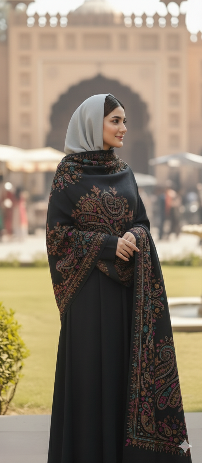 Formal Black Wool Shawl for Women | Traditional Patterned Evening Wrap