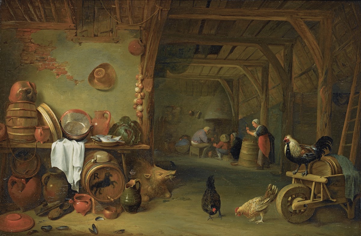 A Barn Interior With a Still Life of Fish On a Plate a Cabbage Earthenware And C