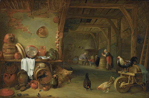 A Barn Interior With a Still Life of Fish On a Plate a Cabbage Earthenware And C