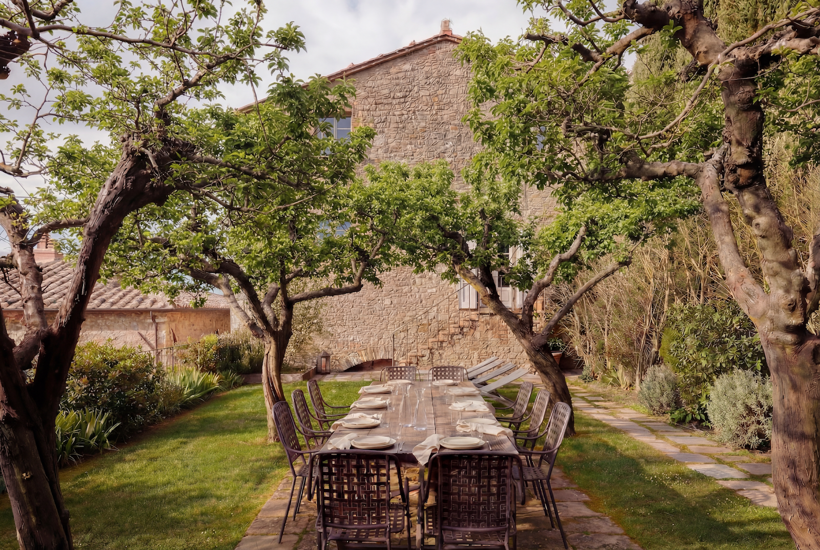 A long table laid for lunch under an old olive tree beside a Tuscan stone house