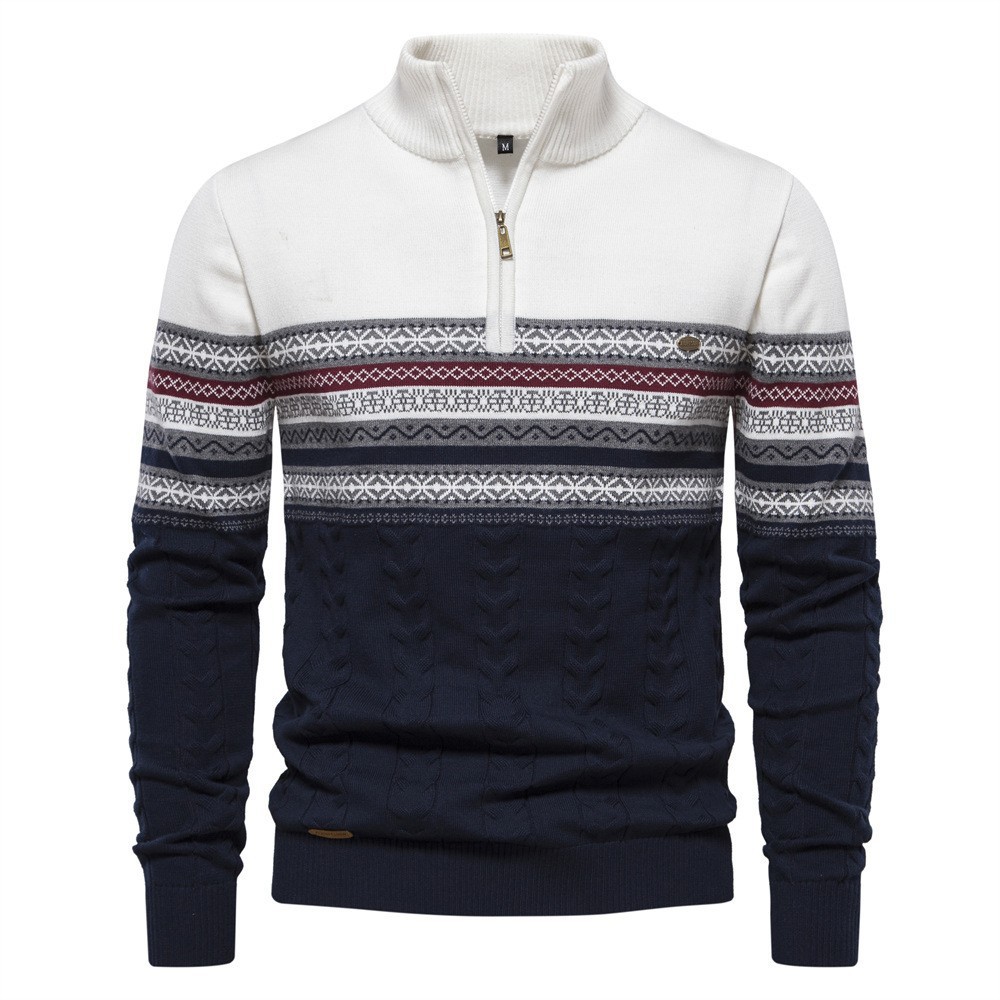 Modern men's knitted sweater with stand-up collar