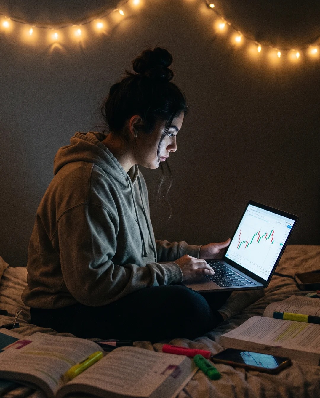 A young woman studying a crypto chart on her laptop on a dorm bed surrounded by textbooks