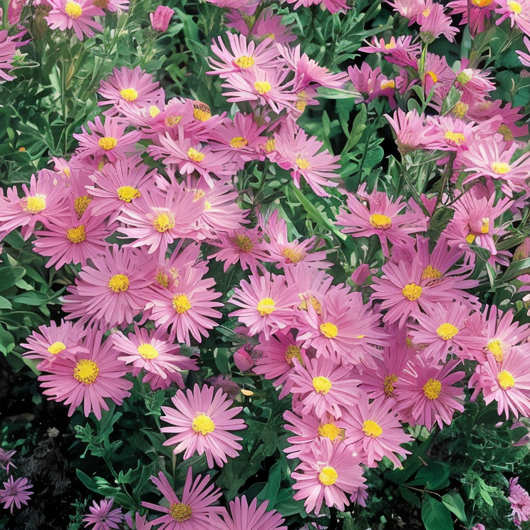 Aster dumosus 'Anneke', fiori bianchi compatti in un giardino autunnale.