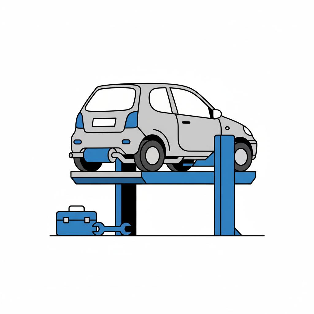 Minimalist 2D vector showing a small hatchback on a lift focusing on transmission and exhaust area for inspection no people used honda fit for sale