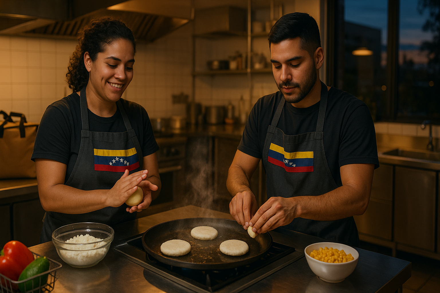 Cocineros venezolanos preparando arepas en una cocina compartida moderna.