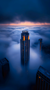 Skyscrapers Piercing Ethereal Fog At Twilight Glow