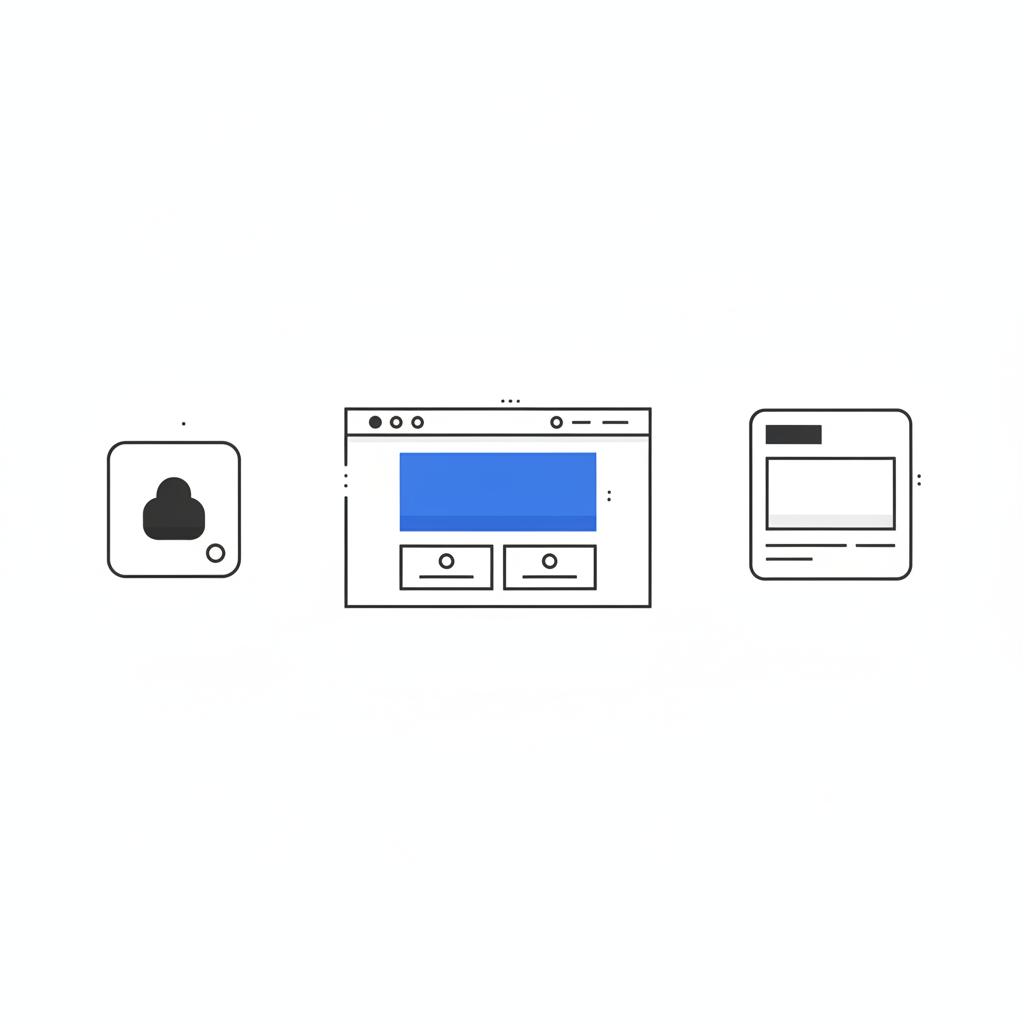 2D vector layout of mockups on white table: mobile app icon, website hero and social post preview in neutral #39383f tones with a single #1a5bfb accent &mdash; full branding package