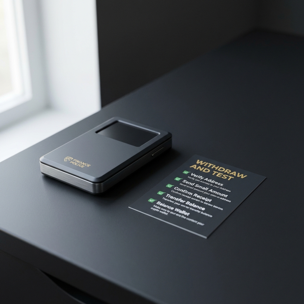 Close up of a hardware crypto wallet on a dark desk beside a printed Withdraw and Test checklist in Finance Police brand colors illustrating Coinbase vs Robinhood comparison