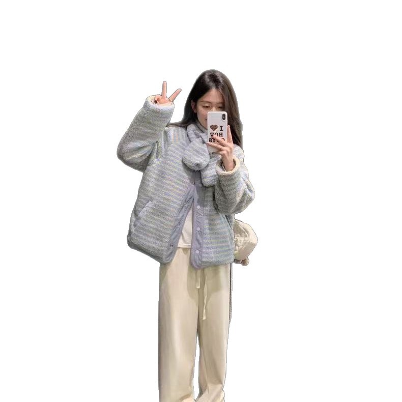 Reversible striped plush jacket, loose fit