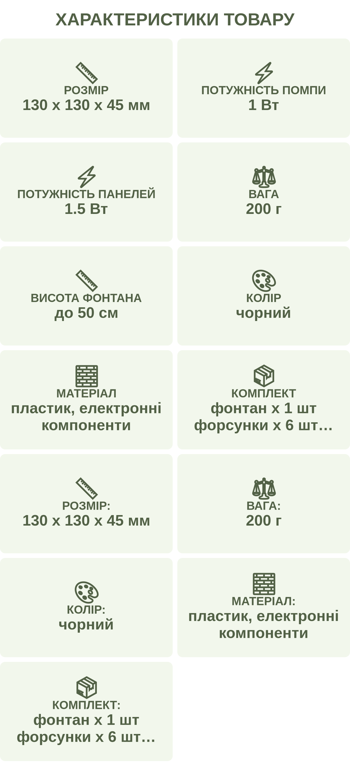 Характеристики товару: Розмір — 130 х 130 х 45 мм; Потужність помпи — 1 Вт; Потужність панелей — 1.5 Вт; Вага — 200 г; Висота фонтана — до 50 см; Колір — чорний; Матеріал — пластик, електронні компоненти; Комплект — фонтан х 1 шт форсунки х 6 шт сопло х 1 шт адаптер х 1 шт; Розмір: — 130 х 130 х 45 мм; Вага: — 200 г; Колір: — чорний; Матеріал: — пластик, електронні компоненти; Комплект: — фонтан х 1 шт форсунки х 6 шт сопло х 1 шт адаптер х 1 шт