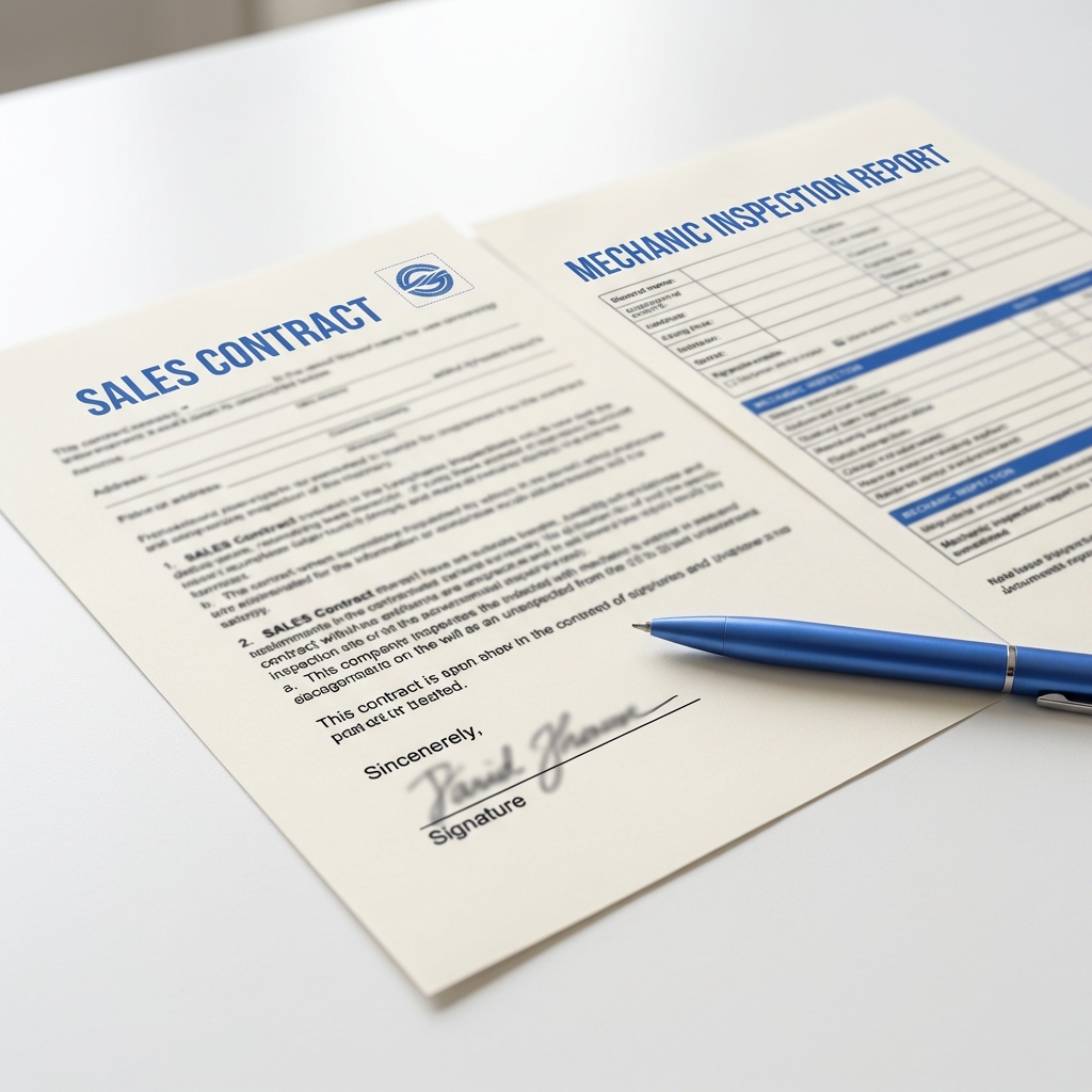 Close up of printed sales contract and mechanic inspection report with blue accent pen on white table minimalist composition for trade car for car