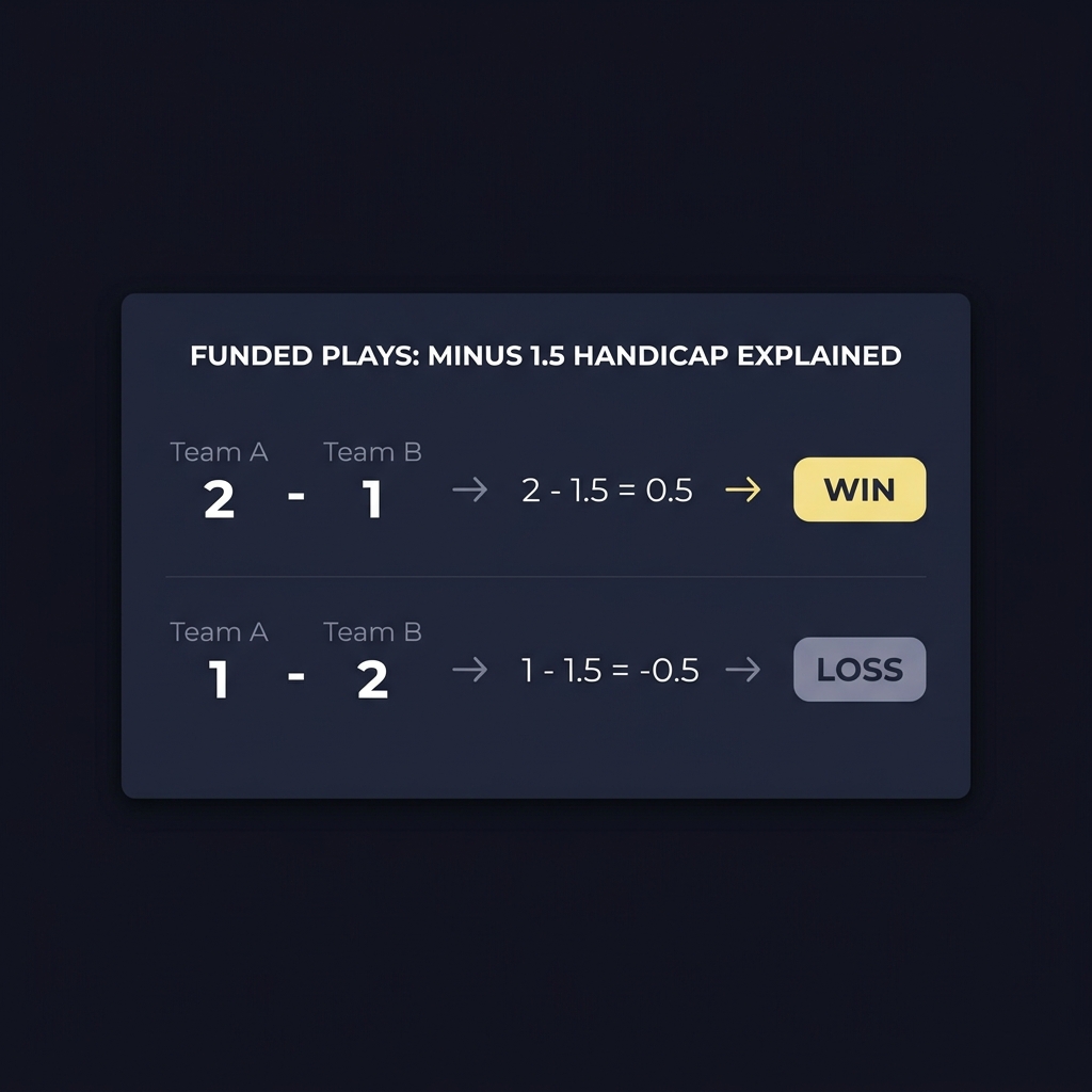 Minimalist Funded Plays infographic showing how minus 1.5 handicap turns final scores into win or loss with two example lines and outcomes 9 bet