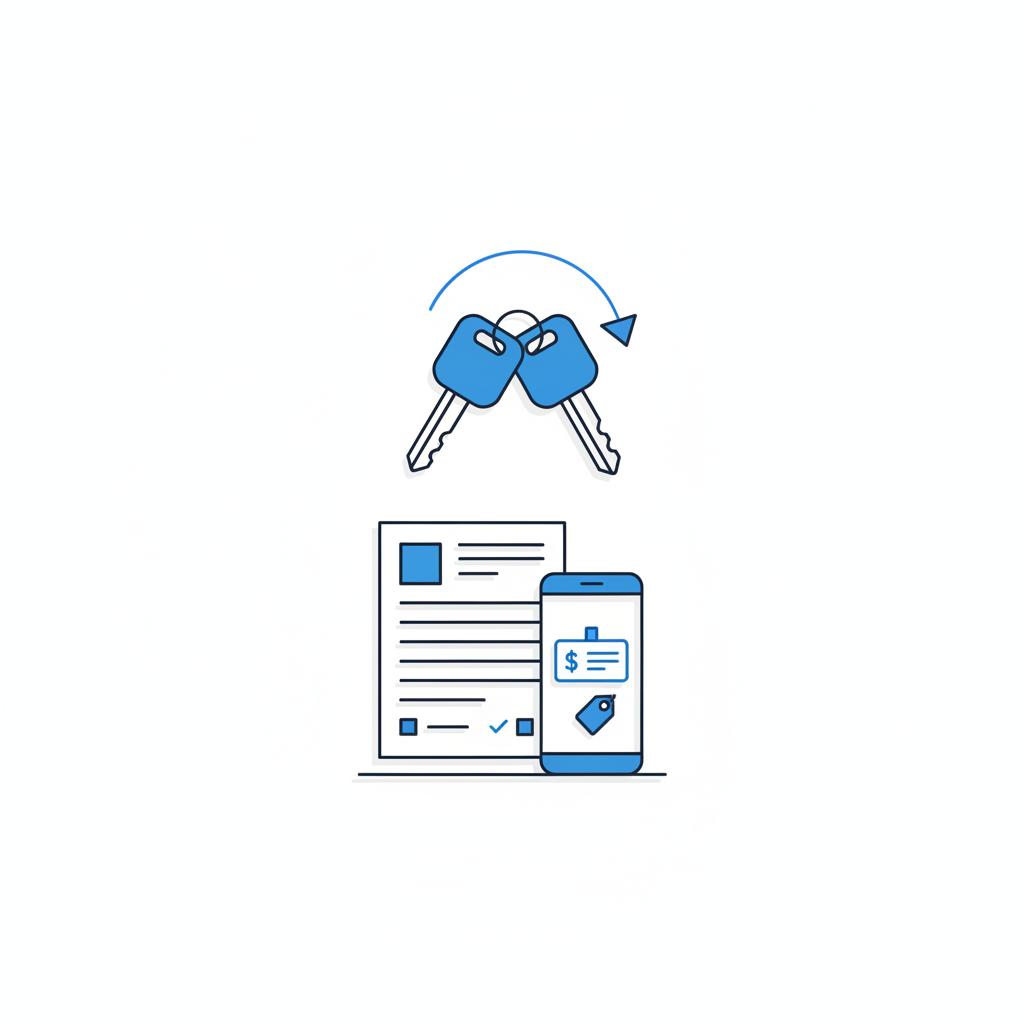 Minimal 2D vector of two keys exchanging above a vehicle history report and smartphone pricing page representing blue book value in CarFax Deals colors