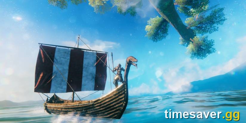 A Viking sailing a longship across the open sea in Valheim, the way you reach every biome further from the world centre